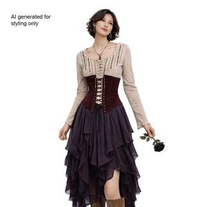 Y2K Tan Lace Up Tassel Embellished Long Sleeve Shirt Top Whimsigoth, Fairy Med